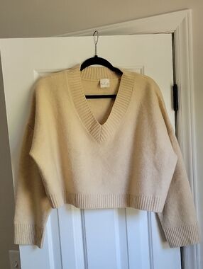 Beige V-Neck Cropped Sweater